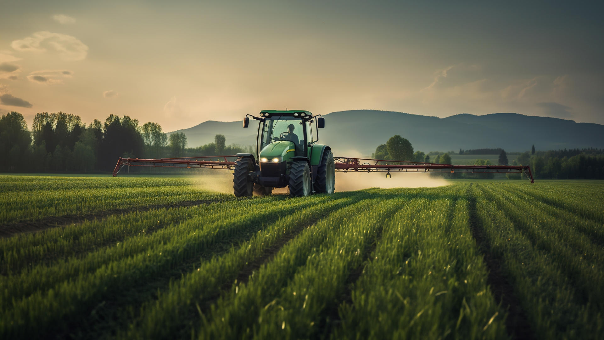 Tractor spraying pesticides fertilizer on soybean crops farm field in spring evening.
